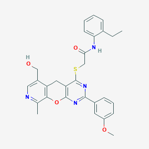 molecular formula C29H28N4O4S B2455888 N-(2-ethylphenyl)-2-[[11-(hydroxymethyl)-5-(3-methoxyphenyl)-14-methyl-2-oxa-4,6,13-triazatricyclo[8.4.0.03,8]tetradeca-1(10),3(8),4,6,11,13-hexaen-7-yl]sulfanyl]acetamide CAS No. 892381-44-1