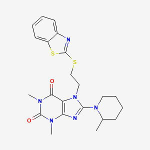 molecular formula C22H26N6O2S2 B2456136 7-[2-(1,3-benzothiazol-2-ylsulfanyl)ethyl]-1,3-dimethyl-8-(2-methylpiperidin-1-yl)-2,3,6,7-tetrahydro-1H-purine-2,6-dione CAS No. 896597-36-7