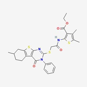 molecular formula C28H29N3O4S3 B2456198 ethyl 4,5-dimethyl-2-[2-({11-methyl-3-oxo-4-phenyl-8-thia-4,6-diazatricyclo[7.4.0.0^{2,7}]trideca-1(9),2(7),5-trien-5-yl}sulfanyl)acetamido]thiophene-3-carboxylate CAS No. 671200-53-6