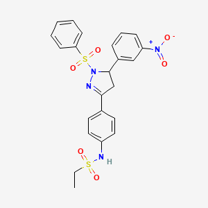 molecular formula C23H22N4O6S2 B2456345 N-(4-(5-(3-nitrophenyl)-1-(phenylsulfonyl)-4,5-dihydro-1H-pyrazol-3-yl)phenyl)ethanesulfonamide CAS No. 851781-62-9