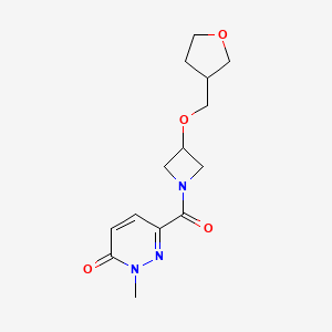 molecular formula C14H19N3O4 B2456502 2-methyl-6-(3-((tetrahydrofuran-3-yl)methoxy)azetidine-1-carbonyl)pyridazin-3(2H)-one CAS No. 2309308-33-4
