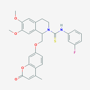 molecular formula C29H27FN2O5S B2456773 N-(3-fluorophenyl)-6,7-dimethoxy-1-(((4-methyl-2-oxo-2H-chromen-7-yl)oxy)methyl)-3,4-dihydroisoquinoline-2(1H)-carbothioamide CAS No. 687579-60-8