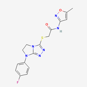 molecular formula C16H15FN6O2S B2456791 2-((7-(4-fluorophenyl)-6,7-dihydro-5H-imidazo[2,1-c][1,2,4]triazol-3-yl)thio)-N-(5-methylisoxazol-3-yl)acetamide CAS No. 921515-12-0
