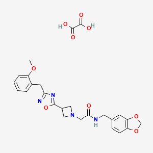 molecular formula C25H26N4O9 B2456793 N-(benzo[d][1,3]dioxol-5-ylmethyl)-2-(3-(3-(2-methoxybenzyl)-1,2,4-oxadiazol-5-yl)azetidin-1-yl)acetamide oxalate CAS No. 1396798-01-8