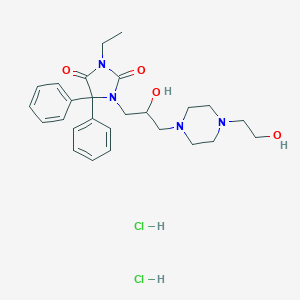 molecular formula C26H36Cl2N4O4 B024568 2,4-Imidazolidinedione, 5,5-diphenyl-3-ethyl-1-(2-hydroxy-3-(4-(2-hydroxyethyl)-1-piperazinyl)propyl)-, dihydrochloride, hydrate CAS No. 110465-03-7