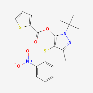 molecular formula C19H19N3O4S2 B2456889 1-(tert-butyl)-3-methyl-4-((2-nitrophenyl)thio)-1H-pyrazol-5-yl thiophene-2-carboxylate CAS No. 851127-65-6