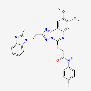 molecular formula C29H26FN7O3S B2456938 2-((8,9-dimethoxy-2-(2-(2-methyl-1H-benzo[d]imidazol-1-yl)ethyl)-[1,2,4]triazolo[1,5-c]quinazolin-5-yl)thio)-N-(4-fluorophenyl)acetamide CAS No. 902594-69-8