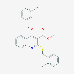 molecular formula C26H22FNO3S B2457080 methyl 4-[(3-fluorophenyl)methoxy]-2-{[(2-methylphenyl)methyl]sulfanyl}quinoline-3-carboxylate CAS No. 932301-99-0