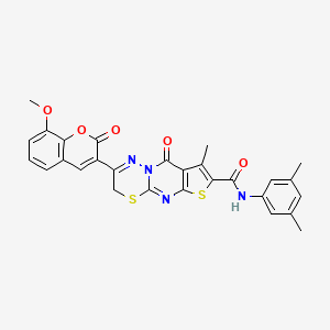 molecular formula C28H22N4O5S2 B2457132 N-(3,5-dimethylphenyl)-12-(8-methoxy-2-oxochromen-3-yl)-4-methyl-2-oxo-6,10-dithia-1,8,13-triazatricyclo[7.4.0.03,7]trideca-3(7),4,8,12-tetraene-5-carboxamide CAS No. 866589-37-9