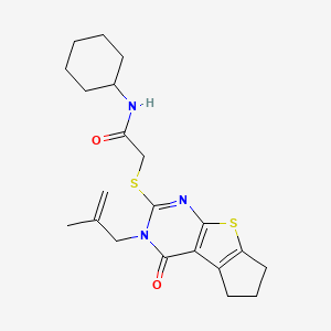 molecular formula C21H27N3O2S2 B2457191 N-cyclohexyl-2-((3-(2-methylallyl)-4-oxo-4,5,6,7-tetrahydro-3H-cyclopenta[4,5]thieno[2,3-d]pyrimidin-2-yl)thio)acetamide CAS No. 878698-32-9
