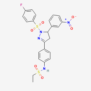 molecular formula C23H21FN4O6S2 B2457266 N-(4-(1-((4-fluorophenyl)sulfonyl)-5-(3-nitrophenyl)-4,5-dihydro-1H-pyrazol-3-yl)phenyl)ethanesulfonamide CAS No. 833437-69-7