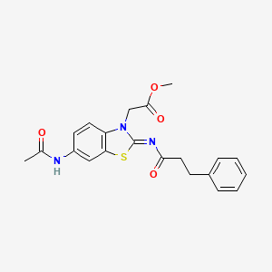 molecular formula C21H21N3O4S B2457366 methyl 2-[(2Z)-6-acetamido-2-[(3-phenylpropanoyl)imino]-2,3-dihydro-1,3-benzothiazol-3-yl]acetate CAS No. 941872-04-4