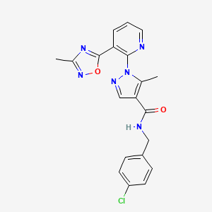 molecular formula C20H17ClN6O2 B2457477 N-[(4-chlorophenyl)methyl]-5-methyl-1-[3-(3-methyl-1,2,4-oxadiazol-5-yl)pyridin-2-yl]-1H-pyrazole-4-carboxamide CAS No. 1251612-69-7