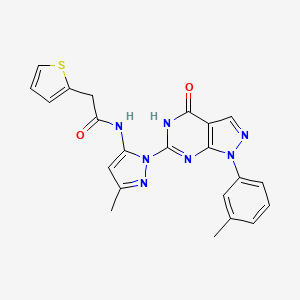 molecular formula C22H19N7O2S B2457683 N-(3-methyl-1-(4-oxo-1-(m-tolyl)-4,5-dihydro-1H-pyrazolo[3,4-d]pyrimidin-6-yl)-1H-pyrazol-5-yl)-2-(thiophen-2-yl)acetamide CAS No. 1170595-12-6
