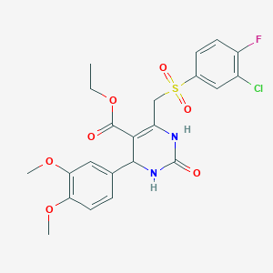molecular formula C22H22ClFN2O7S B2457698 ethyl 6-[(3-chloro-4-fluorobenzenesulfonyl)methyl]-4-(3,4-dimethoxyphenyl)-2-oxo-1,2,3,4-tetrahydropyrimidine-5-carboxylate CAS No. 892284-87-6