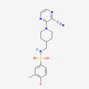 molecular formula C18H20FN5O2S B2457749 N-((1-(3-cyanopyrazin-2-yl)piperidin-4-yl)methyl)-4-fluoro-3-methylbenzenesulfonamide CAS No. 1797576-34-1