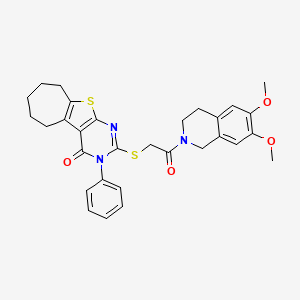 2-((2-(6,7-dimethoxy-3,4-dihydroisoquinolin-2(1H)-yl)-2-oxoethyl)thio)-3-phenyl-6,7,8,9-tetrahydro-3H-cyclohepta[4,5]thieno[2,3-d]pyrimidin-4(5H)-one