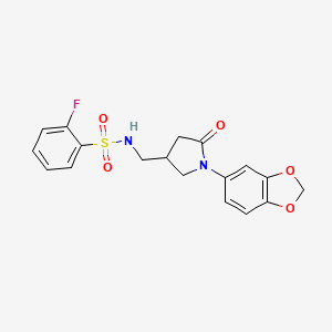 molecular formula C18H17FN2O5S B2458076 N-((1-(benzo[d][1,3]dioxol-5-yl)-5-oxopyrrolidin-3-yl)methyl)-2-fluorobenzenesulfonamide CAS No. 954634-64-1