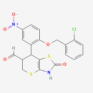 molecular formula C20H15ClN2O5S2 B2458289 7-[2-[(2-Chlorophenyl)methoxy]-5-nitrophenyl]-2-oxo-3,5,6,7-tetrahydrothiopyrano[2,3-d][1,3]thiazole-6-carbaldehyde CAS No. 637317-48-7