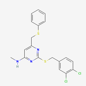 molecular formula C19H17Cl2N3S2 B2458376 2-[(3,4-dichlorophenyl)methylsulfanyl]-N-methyl-6-(phenylsulfanylmethyl)pyrimidin-4-amine CAS No. 341965-56-8