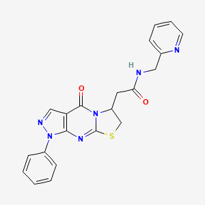 molecular formula C21H18N6O2S B2458536 2-(4-oxo-1-phenyl-1,4,6,7-tetrahydropyrazolo[3,4-d]thiazolo[3,2-a]pyrimidin-6-yl)-N-(pyridin-2-ylmethyl)acetamide CAS No. 941934-96-9