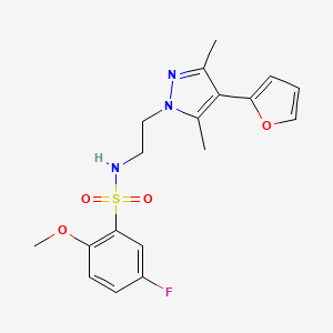molecular formula C18H20FN3O4S B2458570 5-fluoro-N-(2-(4-(furan-2-yl)-3,5-dimethyl-1H-pyrazol-1-yl)ethyl)-2-methoxybenzenesulfonamide CAS No. 2034329-07-0