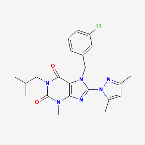 molecular formula C22H25ClN6O2 B2458607 7-(3-chlorobenzyl)-8-(3,5-dimethyl-1H-pyrazol-1-yl)-1-isobutyl-3-methyl-1H-purine-2,6(3H,7H)-dione CAS No. 1013991-46-2