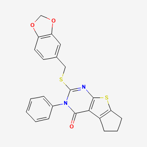 molecular formula C23H18N2O3S2 B2458626 2-((benzo[d][1,3]dioxol-5-ylmethyl)thio)-3-phenyl-6,7-dihydro-3H-cyclopenta[4,5]thieno[2,3-d]pyrimidin-4(5H)-one CAS No. 314244-94-5