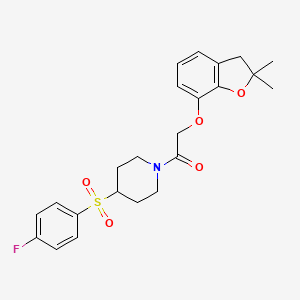 molecular formula C23H26FNO5S B2458695 2-((2,2-Dimethyl-2,3-dihydrobenzofuran-7-yl)oxy)-1-(4-((4-fluorophenyl)sulfonyl)piperidin-1-yl)ethanone CAS No. 1797980-56-3