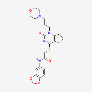 molecular formula C23H28N4O5S B2458739 N-(2H-1,3-benzodioxol-5-yl)-2-({1-[3-(morpholin-4-yl)propyl]-2-oxo-1H,2H,5H,6H,7H-cyclopenta[d]pyrimidin-4-yl}sulfanyl)acetamide CAS No. 898444-86-5