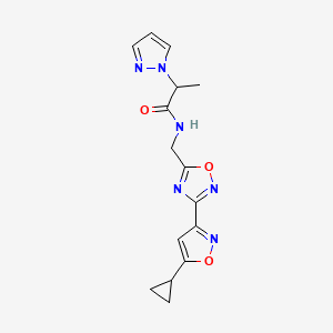 molecular formula C15H16N6O3 B2458767 N-((3-(5-cyclopropylisoxazol-3-yl)-1,2,4-oxadiazol-5-yl)methyl)-2-(1H-pyrazol-1-yl)propanamide CAS No. 1904303-98-5