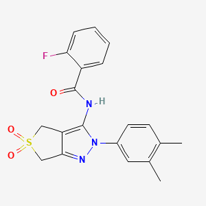 molecular formula C20H18FN3O3S B2459528 N-(2-(3,4-dimethylphenyl)-5,5-dioxido-4,6-dihydro-2H-thieno[3,4-c]pyrazol-3-yl)-2-fluorobenzamide CAS No. 681267-42-5