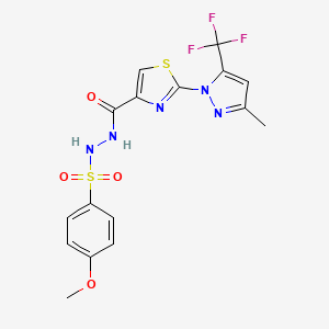 molecular formula C16H14F3N5O4S2 B2459569 N'-(4-methoxybenzenesulfonyl)-2-[3-methyl-5-(trifluoromethyl)-1H-pyrazol-1-yl]-1,3-thiazole-4-carbohydrazide CAS No. 956795-64-5