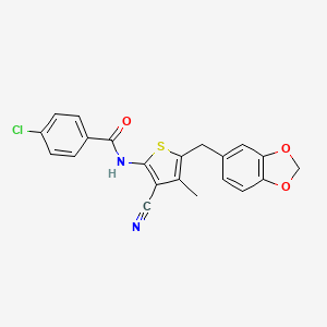 molecular formula C21H15ClN2O3S B2459679 N-{5-[(2H-1,3-benzodioxol-5-yl)methyl]-3-cyano-4-methylthiophen-2-yl}-4-chlorobenzamide CAS No. 476367-08-5