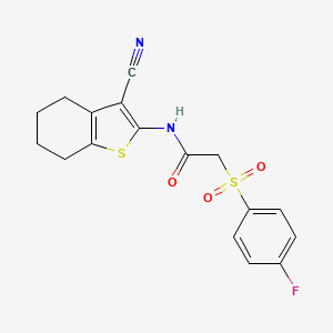molecular formula C17H15FN2O3S2 B2459680 N-(3-cyano-4,5,6,7-tetrahydro-1-benzothiophen-2-yl)-2-(4-fluorobenzenesulfonyl)acetamide CAS No. 895473-72-0