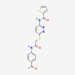 molecular formula C19H16N4O3S2 B2459709 N-(6-((2-((4-acetylphenyl)amino)-2-oxoethyl)thio)pyridazin-3-yl)thiophene-2-carboxamide CAS No. 1021026-73-2
