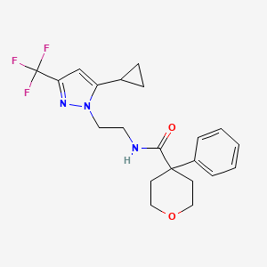 molecular formula C21H24F3N3O2 B2459720 N-{2-[5-cyclopropyl-3-(trifluoromethyl)-1H-pyrazol-1-yl]ethyl}-4-phenyloxane-4-carboxamide CAS No. 1797236-47-5