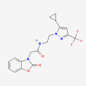 molecular formula C18H17F3N4O3 B2459795 N-(2-(5-cyclopropyl-3-(trifluoromethyl)-1H-pyrazol-1-yl)ethyl)-2-(2-oxobenzo[d]oxazol-3(2H)-yl)acetamide CAS No. 1797617-24-3