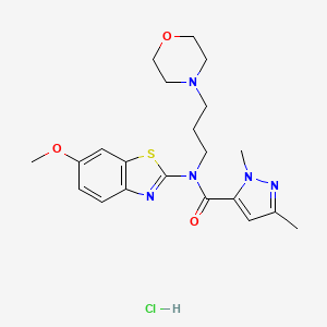 molecular formula C21H28ClN5O3S B2459799 N-(6-methoxy-1,3-benzothiazol-2-yl)-1,3-dimethyl-N-[3-(morpholin-4-yl)propyl]-1H-pyrazole-5-carboxamide hydrochloride CAS No. 1215792-16-7