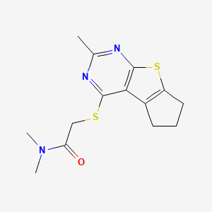 molecular formula C14H17N3OS2 B2459848 N,N-dimethyl-2-(2-methyl(5,6,7-trihydrocyclopenta[2,1-d]pyrimidino[4,5-b]thiop hen-4-ylthio))acetamide CAS No. 726147-69-9
