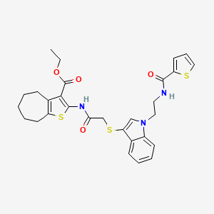 molecular formula C29H31N3O4S3 B2460000 ethyl 2-(2-((1-(2-(thiophene-2-carboxamido)ethyl)-1H-indol-3-yl)thio)acetamido)-5,6,7,8-tetrahydro-4H-cyclohepta[b]thiophene-3-carboxylate CAS No. 497073-23-1