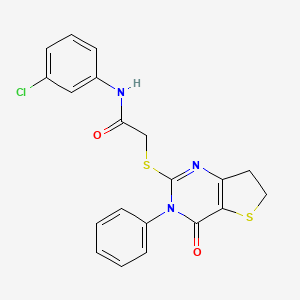 molecular formula C20H16ClN3O2S2 B2460283 N-(3-chlorophenyl)-2-({4-oxo-3-phenyl-3H,4H,6H,7H-thieno[3,2-d]pyrimidin-2-yl}sulfanyl)acetamide CAS No. 686771-08-4