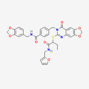 molecular formula C34H30N4O8S B2460304 N-[(2H-1,3-benzodioxol-5-yl)methyl]-4-({6-[(1-{[(furan-2-yl)methyl]carbamoyl}propyl)sulfanyl]-8-oxo-2H,7H,8H-[1,3]dioxolo[4,5-g]quinazolin-7-yl}methyl)benzamide CAS No. 688061-97-4