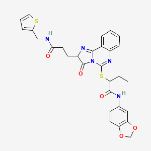 molecular formula C29H27N5O5S2 B2460328 N-(2H-1,3-benzodioxol-5-yl)-2-{[3-oxo-2-(2-{[(thiophen-2-yl)methyl]carbamoyl}ethyl)-2H,3H-imidazo[1,2-c]quinazolin-5-yl]sulfanyl}butanamide CAS No. 1037822-92-6