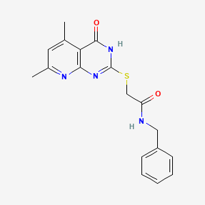 molecular formula C18H18N4O2S B2460399 N-benzyl-2-((4-hydroxy-5,7-dimethylpyrido[2,3-d]pyrimidin-2-yl)thio)acetamide CAS No. 632289-20-4