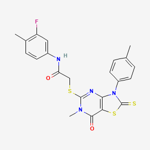 molecular formula C22H19FN4O2S3 B2461156 N-(3-fluoro-4-methylphenyl)-2-{[6-methyl-3-(4-methylphenyl)-7-oxo-2-sulfanylidene-2H,3H,6H,7H-[1,3]thiazolo[4,5-d]pyrimidin-5-yl]sulfanyl}acetamide CAS No. 933207-89-7