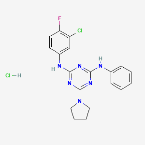 molecular formula C19H19Cl2FN6 B2461405 N2-(3-chloro-4-fluorophenyl)-N4-phenyl-6-(pyrrolidin-1-yl)-1,3,5-triazine-2,4-diamine hydrochloride CAS No. 1179474-14-6