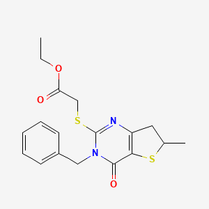 molecular formula C18H20N2O3S2 B2461437 ethyl 2-({3-benzyl-6-methyl-4-oxo-3H,4H,6H,7H-thieno[3,2-d]pyrimidin-2-yl}sulfanyl)acetate CAS No. 702665-86-9