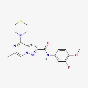 molecular formula C19H20FN5O2S B2461637 N-(3-fluoro-4-methoxyphenyl)-6-methyl-4-(thiomorpholin-4-yl)pyrazolo[1,5-a]pyrazine-2-carboxamide CAS No. 1775378-66-9