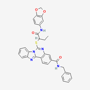 molecular formula C33H27N5O4S B2461686 6-({1-[(1,3-benzodioxol-5-ylamino)carbonyl]propyl}thio)-N-benzylbenzimidazo[1,2-c]quinazoline-3-carboxamide CAS No. 443670-73-3